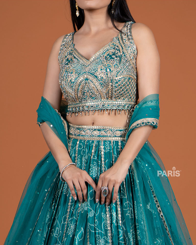 Teal Green Embroidery Embellished Lehenga Choli with Dupatta 03