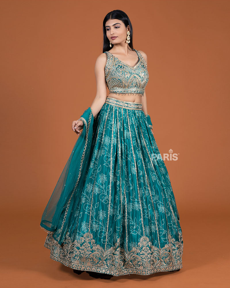 Teal Green Embroidery Embellished Lehenga Choli with Dupatta 04