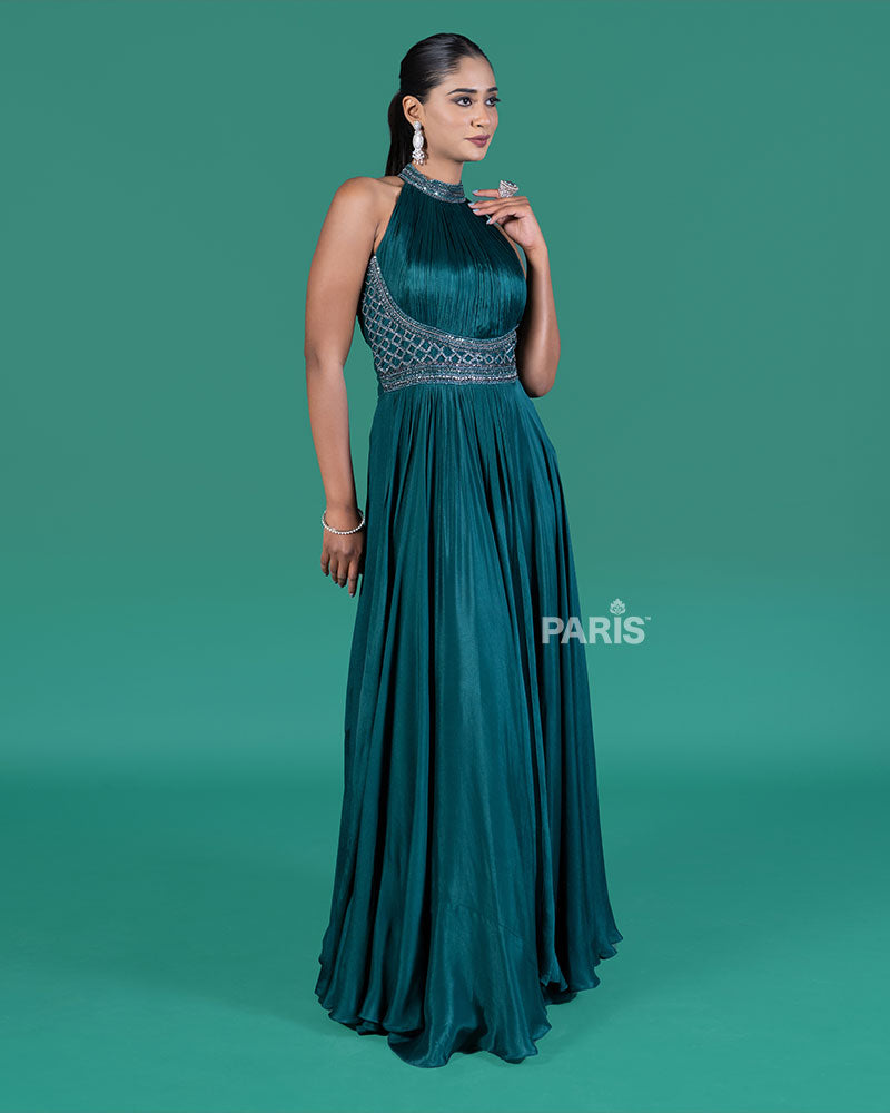 Teal Pleated Gown with Embellished Waistline 01