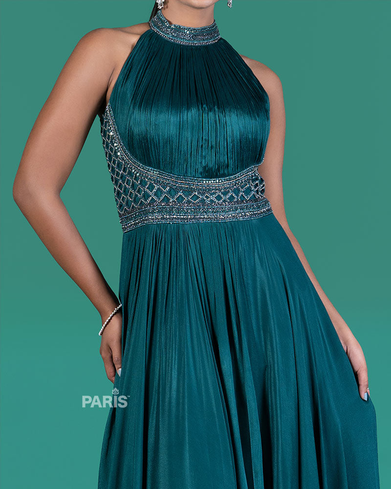 Teal Pleated Gown with Embellished Waistline 03