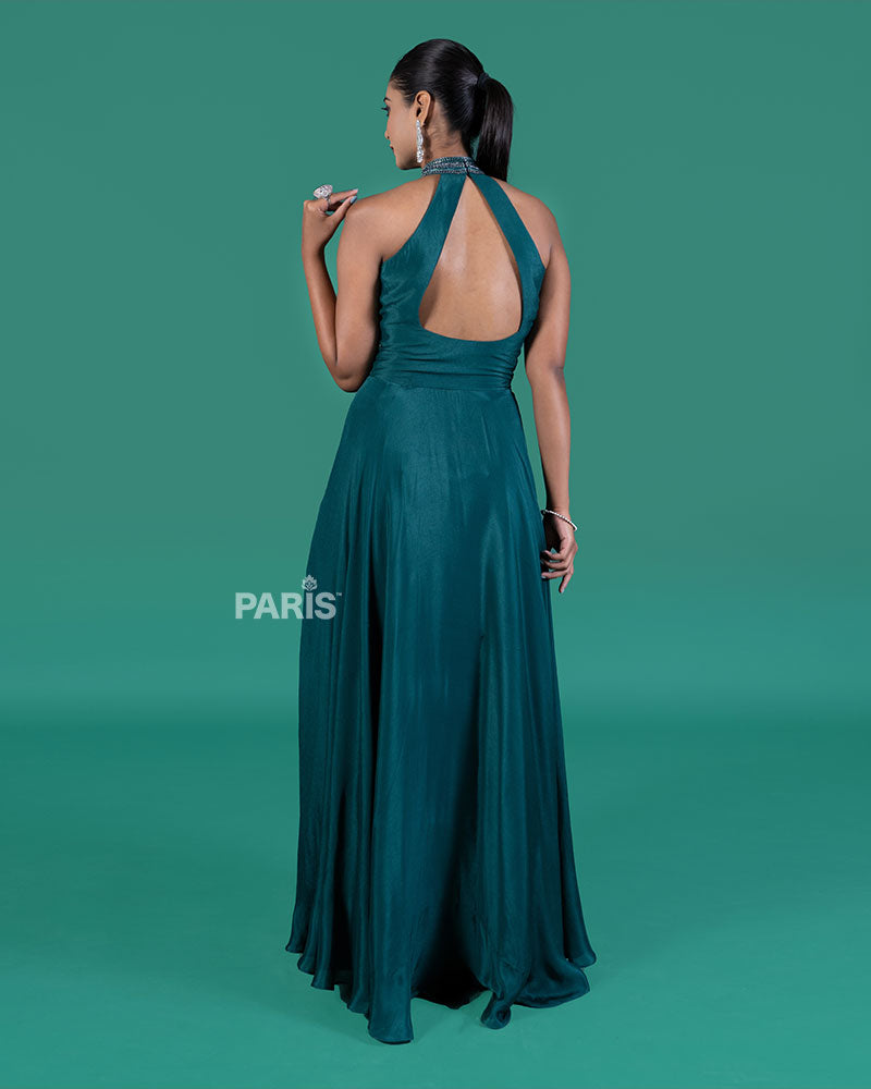 Teal Pleated Gown with Embellished Waistline 04