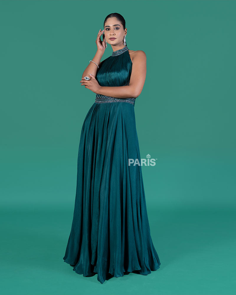 Teal Pleated Gown with Embellished Waistline 05