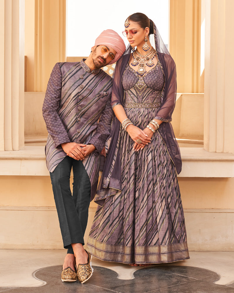 Violet Anarkali Dress and Men Blue Kurta Set