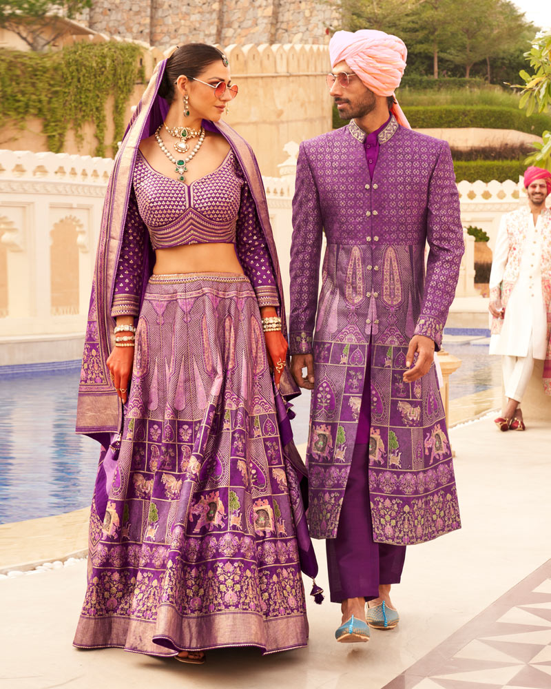 Violet Floral Printed lehenga Set and Men Kurta Set with Coat