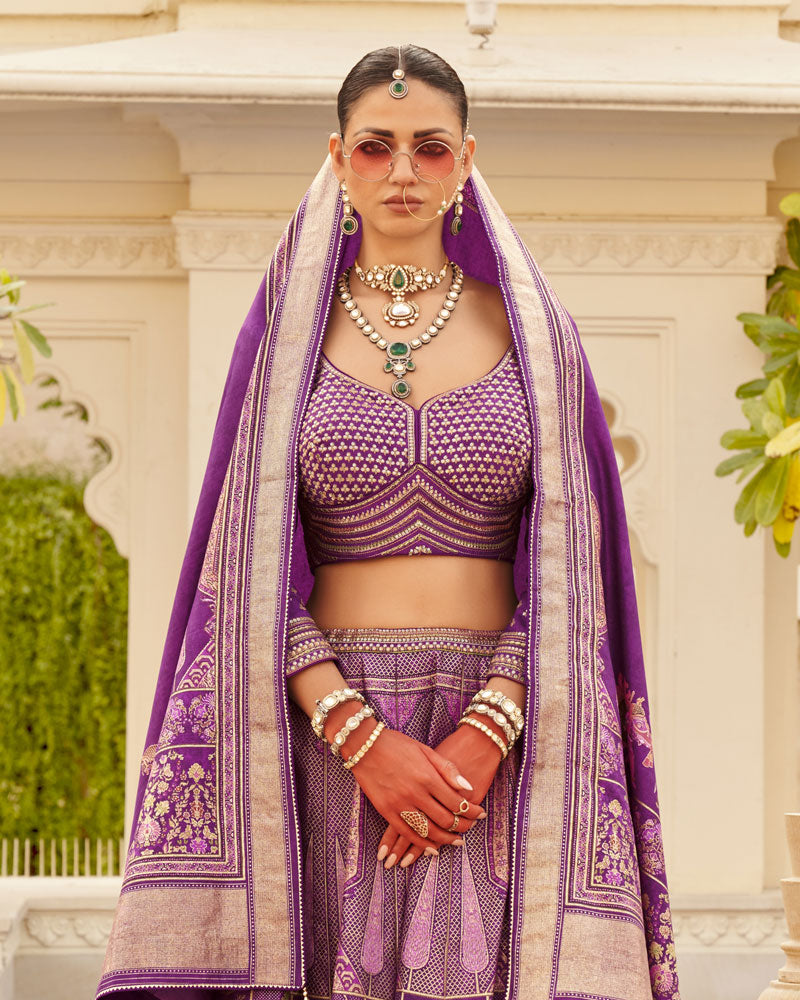 Violet Floral Printed lehenga Set and Men Kurta Set with Coat