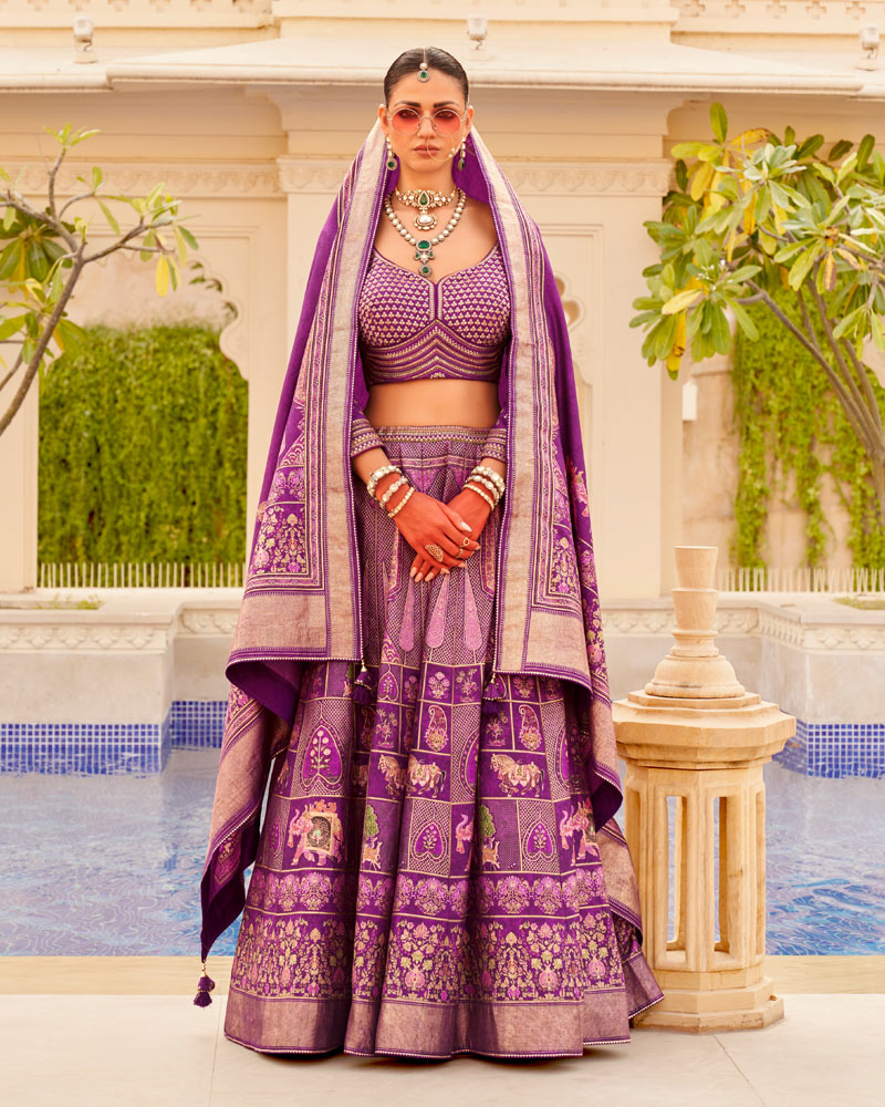 Violet Floral Printed lehenga Set and Men Kurta Set with Coat