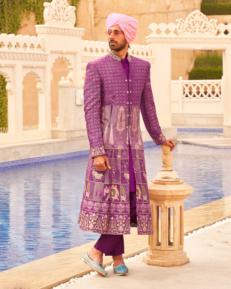 Violet Floral Printed lehenga Set and Men Kurta Set with Coat