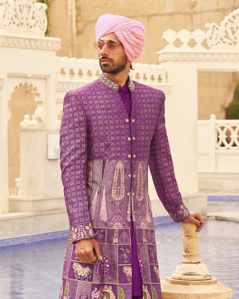Violet Floral Printed lehenga Set and Men Kurta Set with Coat