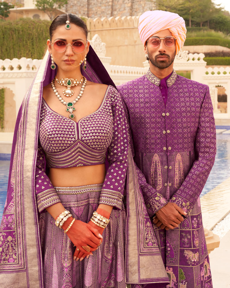 Violet Floral Printed lehenga Set and Men Kurta Set with Coat