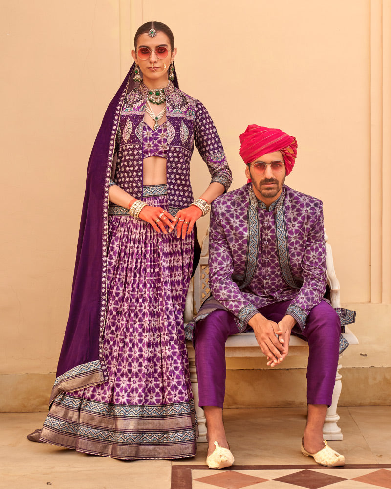 Violet lehenga Set and Men Kurta Set with Printed Coat