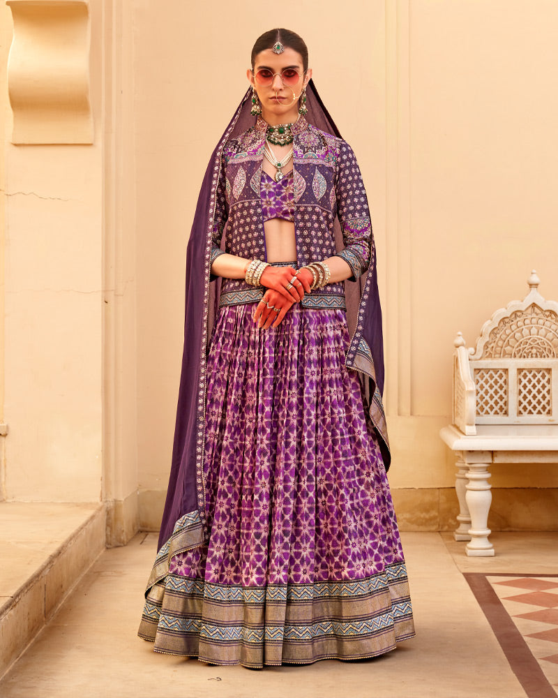 Violet lehenga Set and Men Kurta Set with Printed Coat