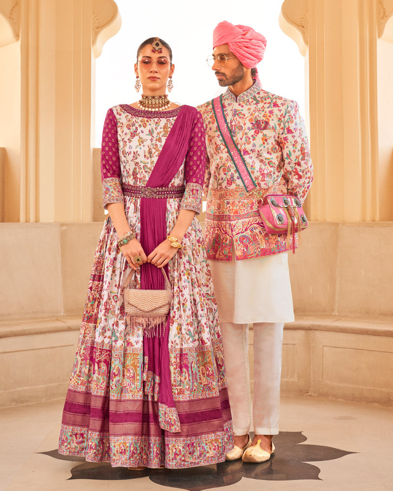 White Floral Printed Anarkali Dress and Men Kurta Set with Coat