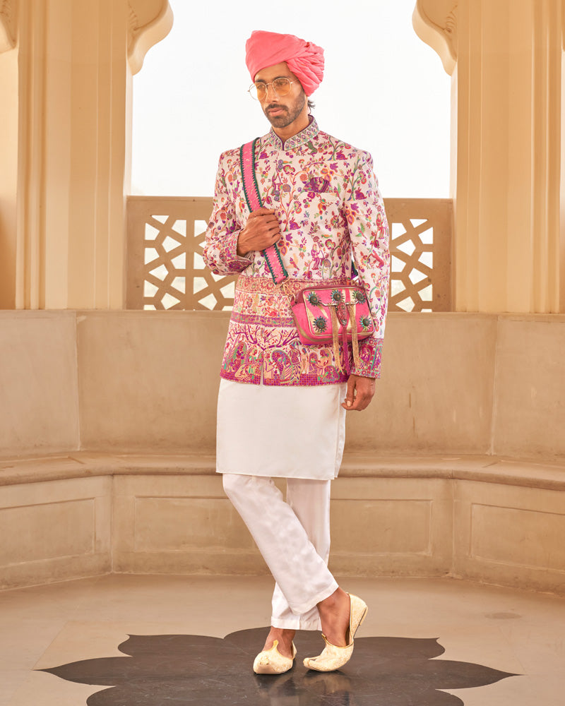 White Floral Printed Anarkali Dress and Men Kurta Set with Coat