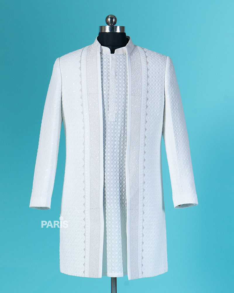 White Embroidered Mandarin Collar Jacket with Pajama Set 01
