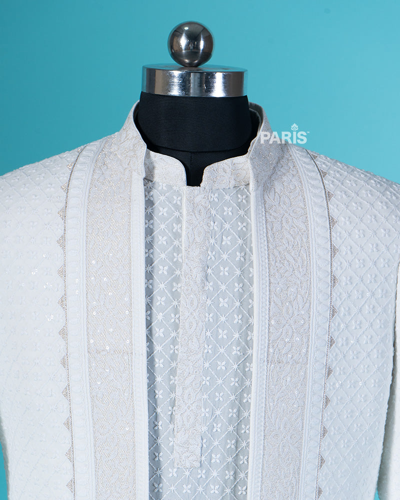 White Embroidered Mandarin Collar Jacket with Pajama Set 02