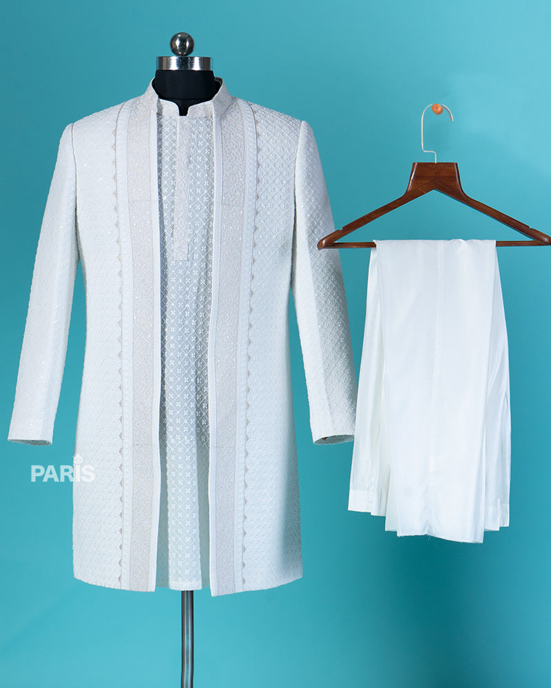 White Embroidered Mandarin Collar Jacket with Pajama Set 03