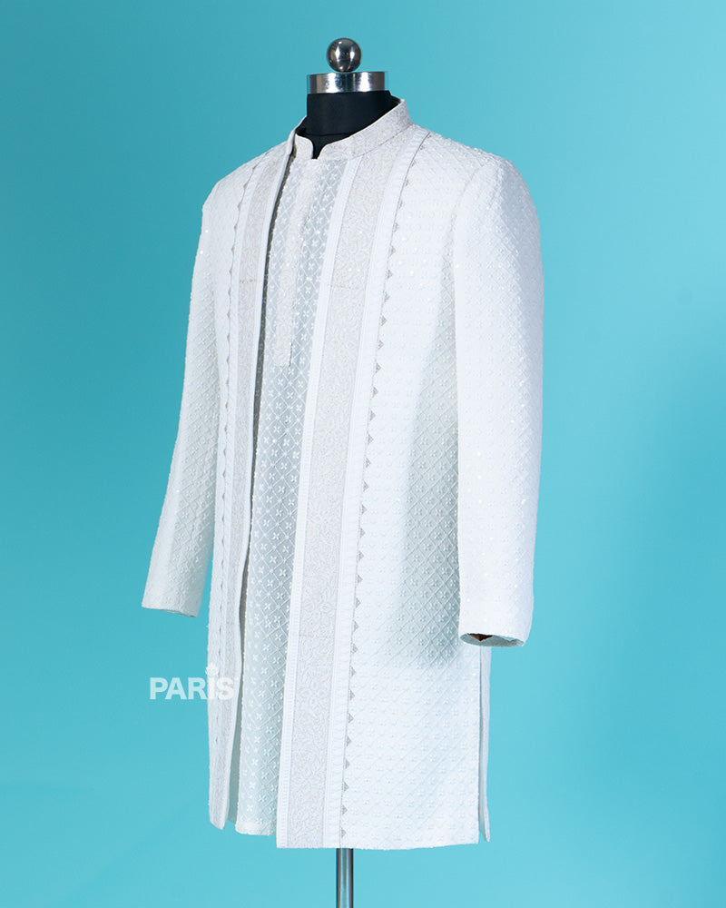 White Embroidered Mandarin Collar Jacket with Pajama Set 04