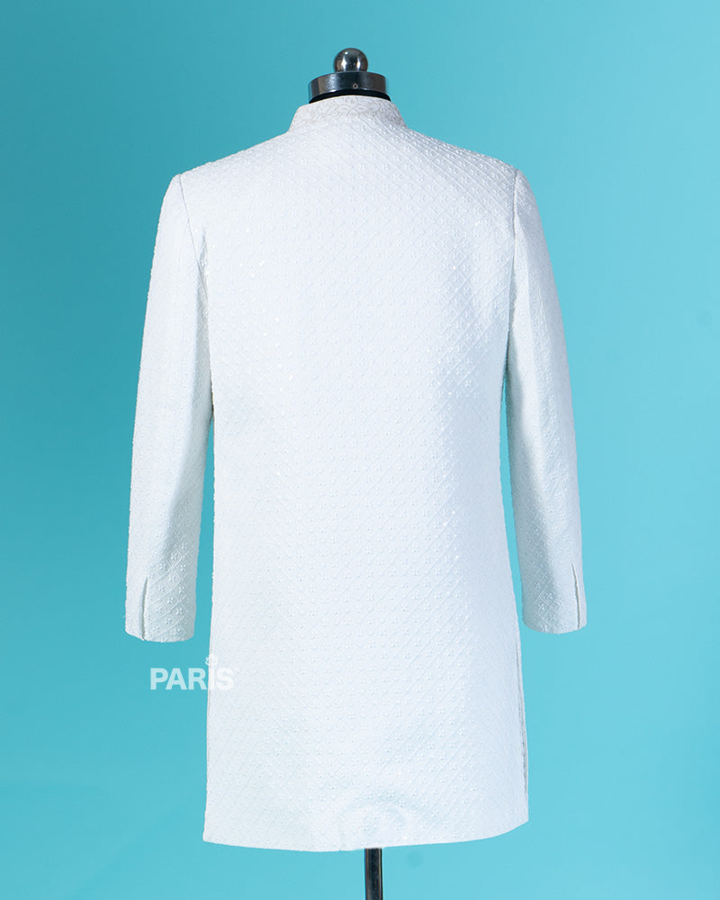 White Embroidered Mandarin Collar Jacket with Pajama Set 06