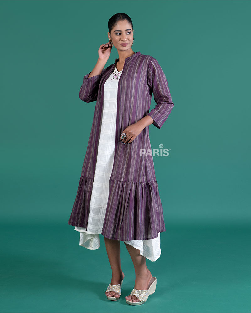 White Midi Dress Paired with Purple Striped Shrug 01