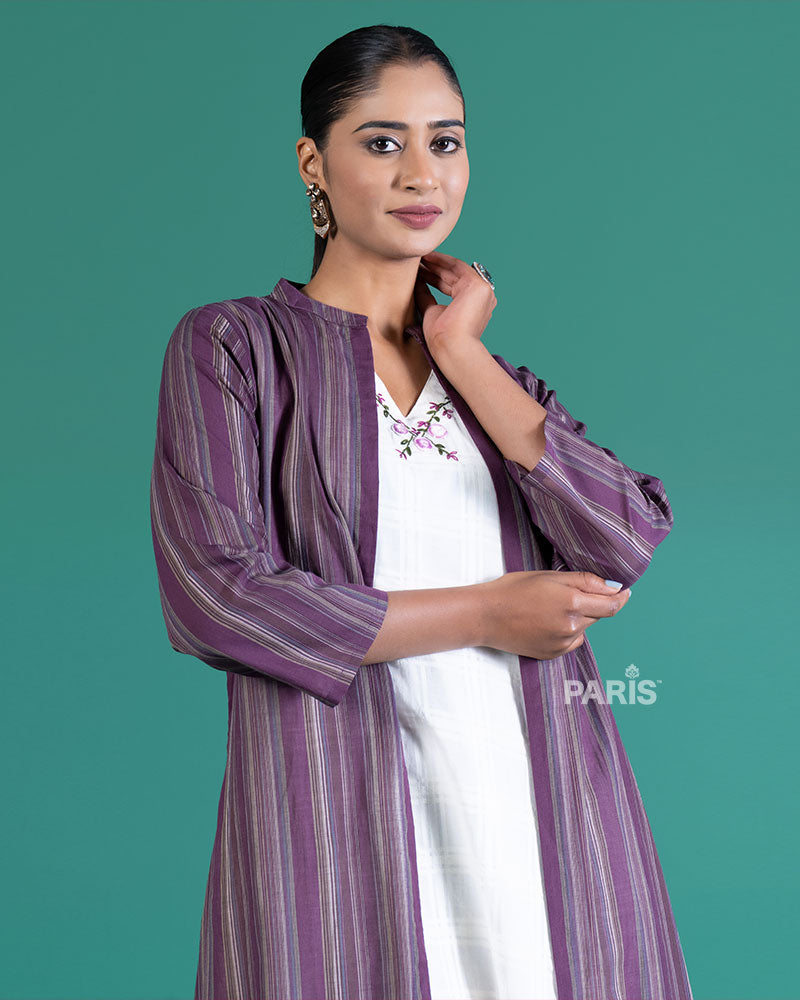 White Midi Dress Paired with Purple Striped Shrug 02
