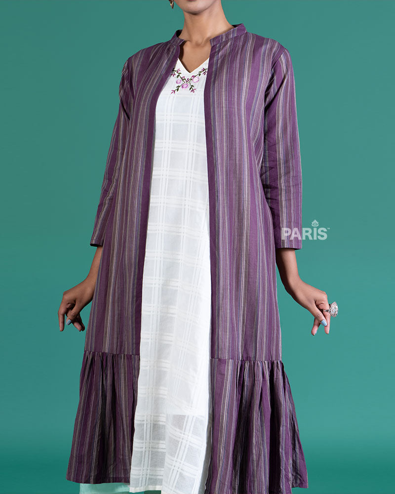 White Midi Dress Paired with Purple Striped Shrug 03
