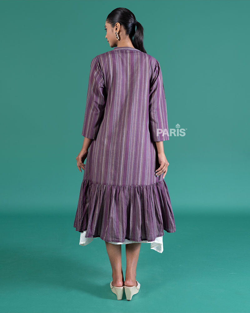 White Midi Dress Paired with Purple Striped Shrug 04
