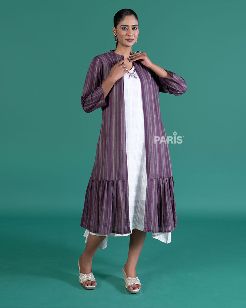 White Midi Dress Paired with Purple Striped Shrug 05