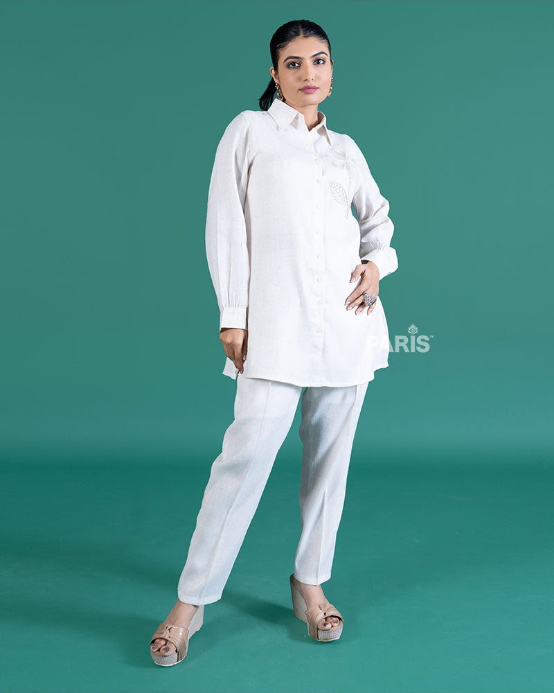 White Textured Shirt-Style Tunic Set with Beige Floral Embroidery and Matching Pants 01