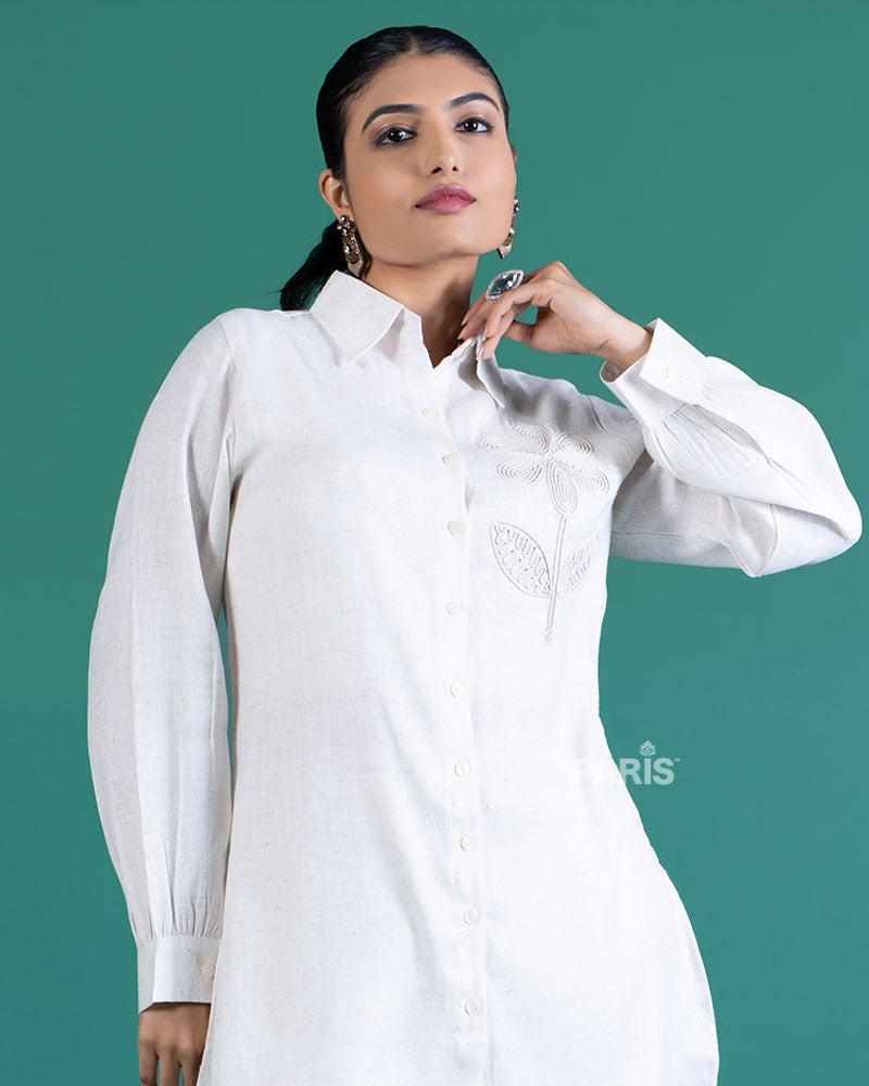 White Textured Shirt-Style Tunic Set with Beige Floral Embroidery and Matching Pants 02