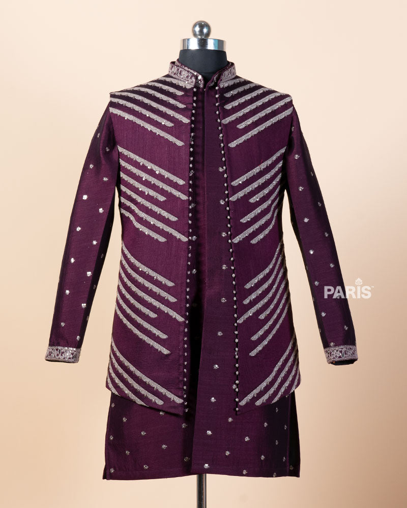 Wine Embroidered Kurta Pajama Set with Jacket 01