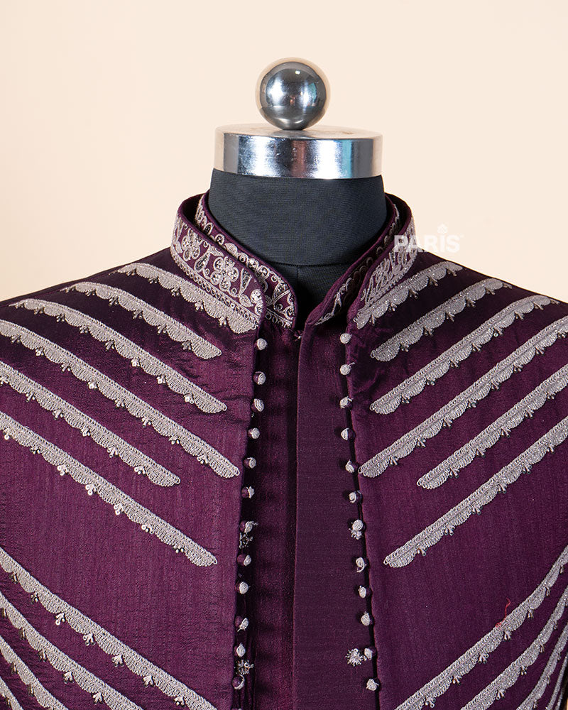 Wine Embroidered Kurta Pajama Set with Jacket 02