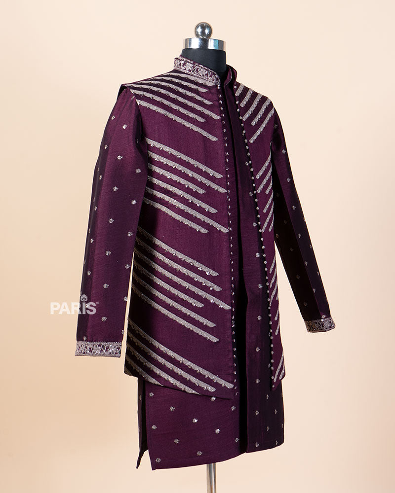 Wine Embroidered Kurta Pajama Set with Jacket 03