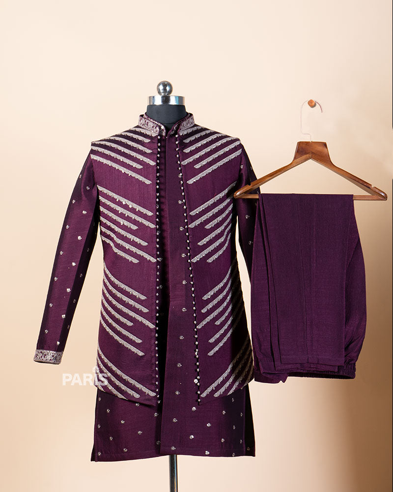 Wine Embroidered Kurta Pajama Set with Jacket 04