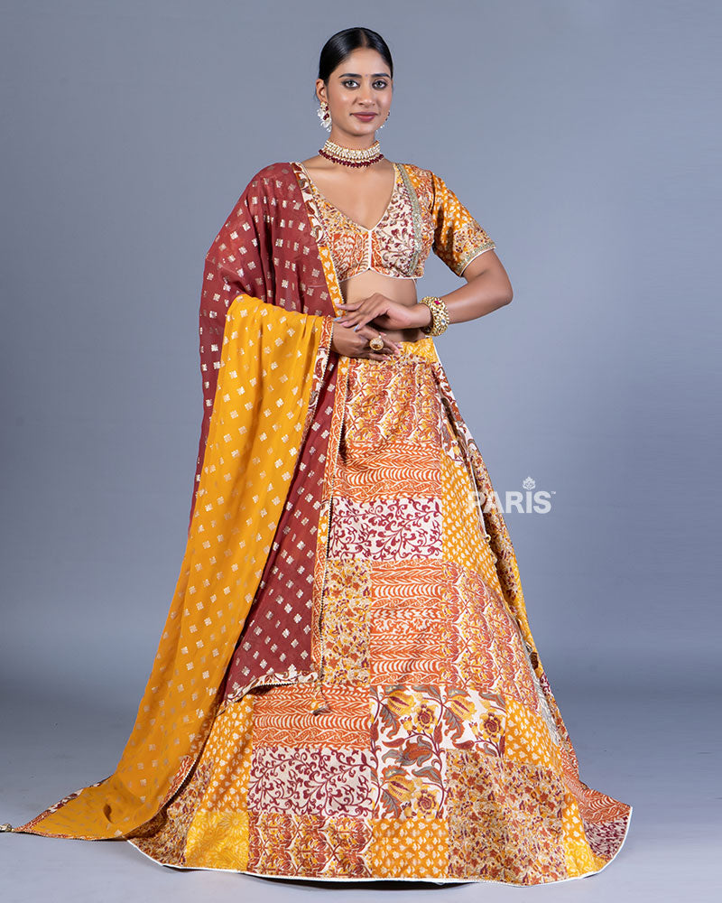 Yellow Patchwork Embroidered Lehenga Choli with Dupatta 01
