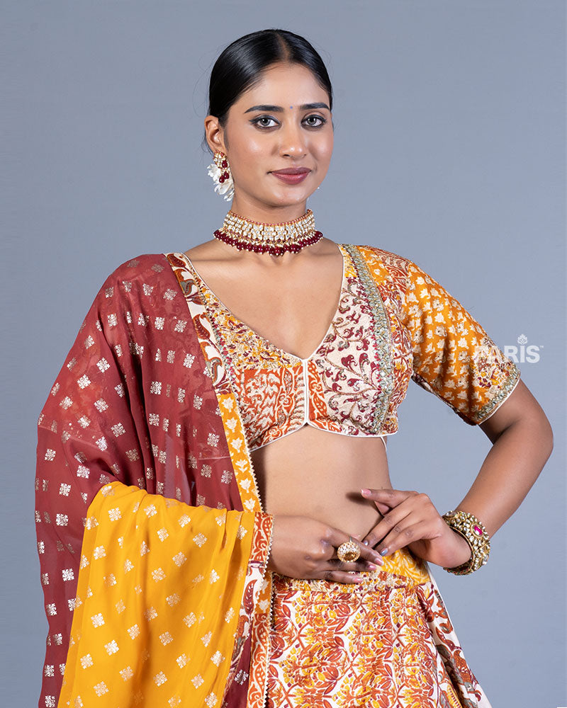 Yellow Patchwork Embroidered Lehenga Choli with Dupatta 02