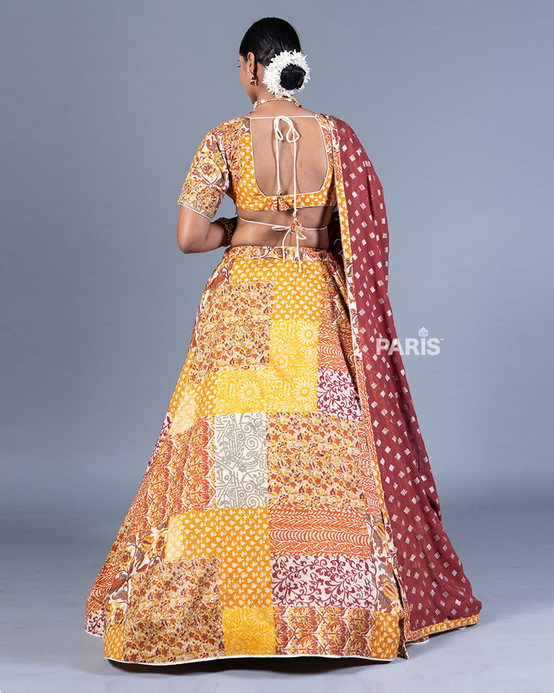 Yellow Patchwork Embroidered Lehenga Choli with Dupatta 03