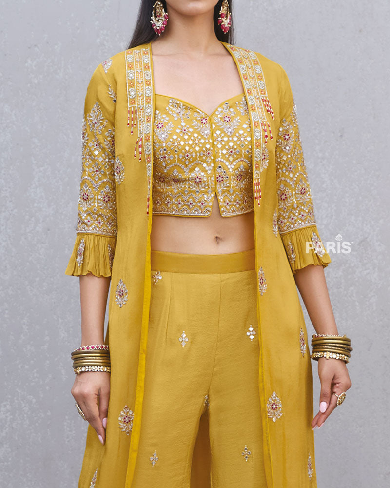 Mustard Yellow Embroidered Co?ord Set with Long Jacket