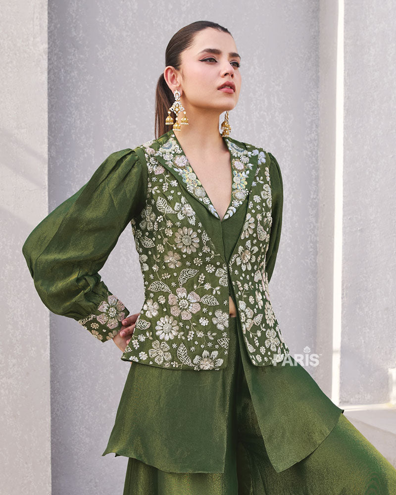 Olive Green Embroidered Co?ord with Puff Sleeves & Pants
