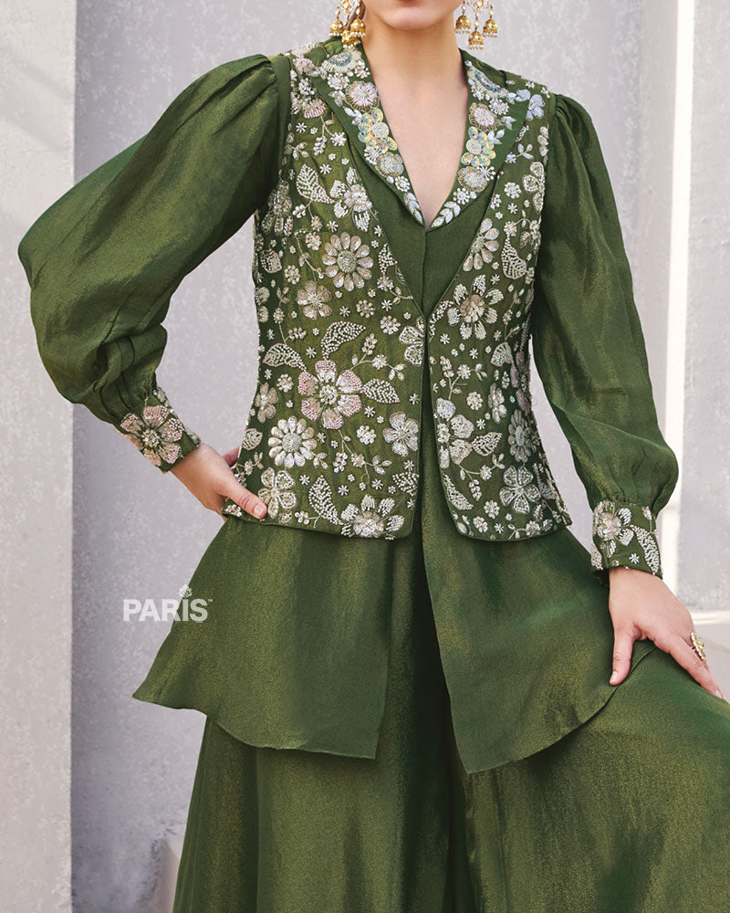 Olive Green Embroidered Co?ord with Puff Sleeves & Pants