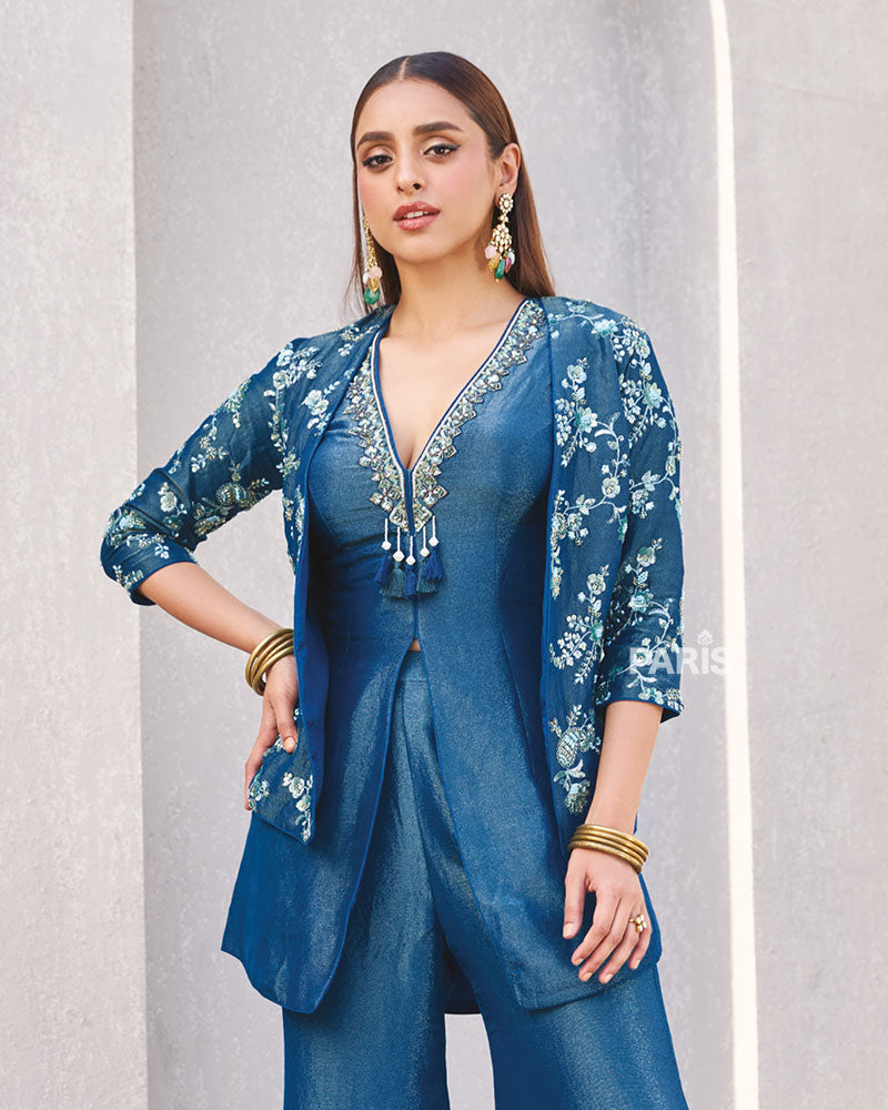Teal Blue Embroidered Jacket & Flared Pants Co?ord Set