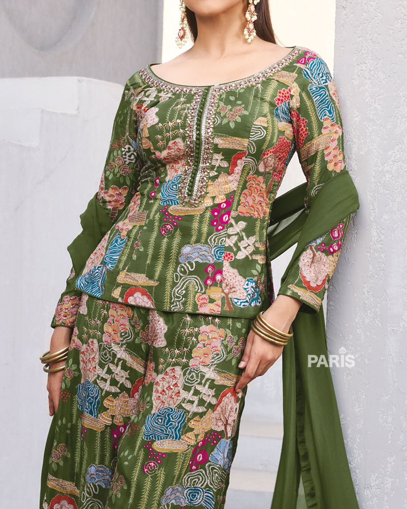 Olive Green Multicolor Printed Kurta Set with Dupatta