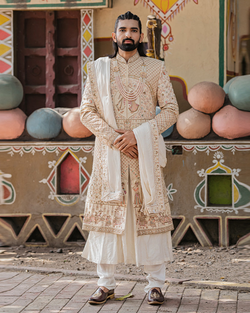 Off White Intricate Floral Embroidery Silk Indo Western Sherwani