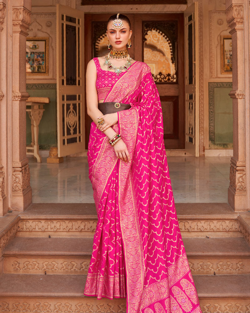 Deep Pink Printed Silk Saree With Unstitched Blouse and Tassel