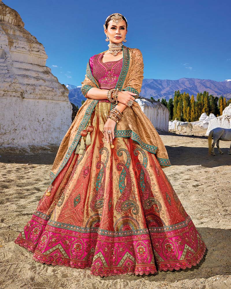 Mandys Pink Embroidered Banarasi Silk Bridal Lehenga Choli