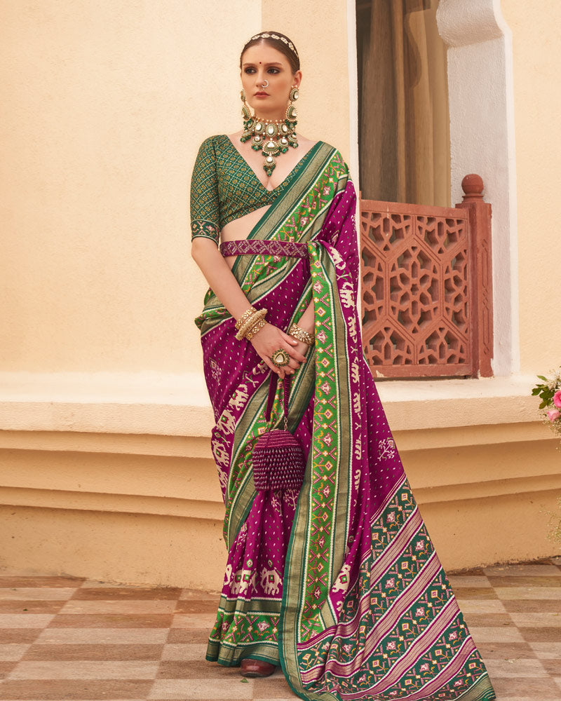 Berry Printed Silk Saree With Unstitched Blouse