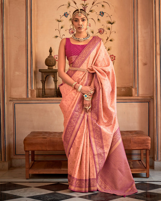 Coral Pink Foil Printed Silk Saree With Contrast Zari Woven Border