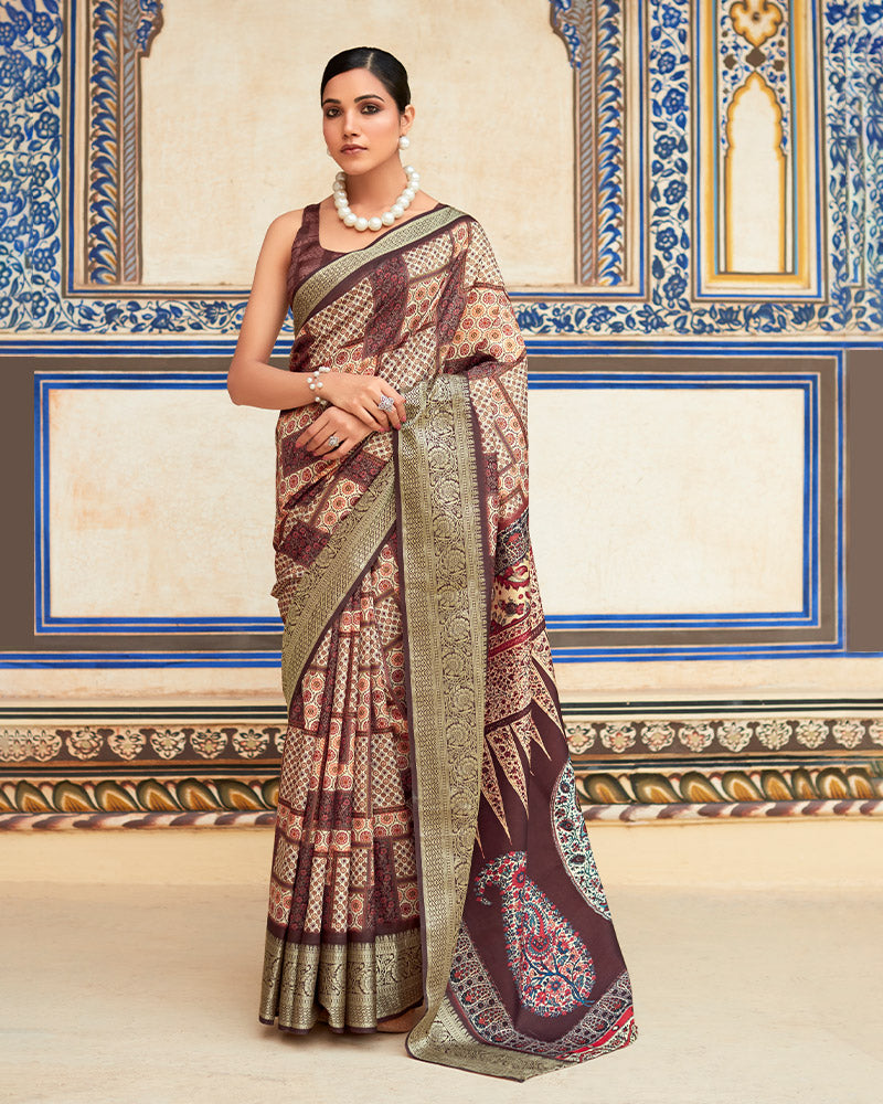 Brown Soft Dola Viscose Saree With Unstitched Blouse