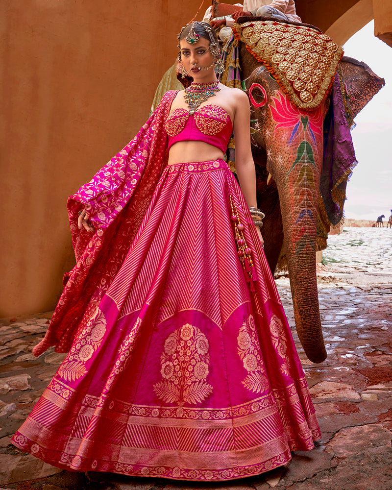 Rani Pink Floral Embroidered Silk Lehenga Set With Dupatta