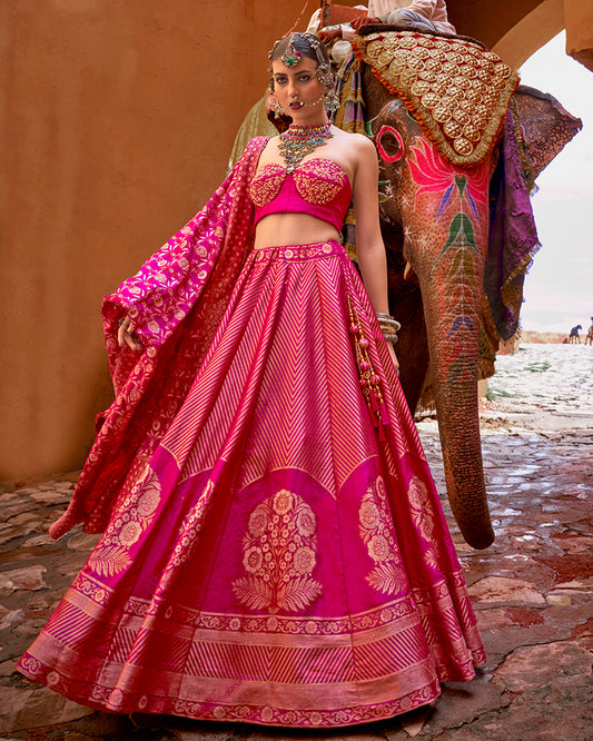Rani Pink Floral Embroidered Silk Lehenga Set With Dupatta