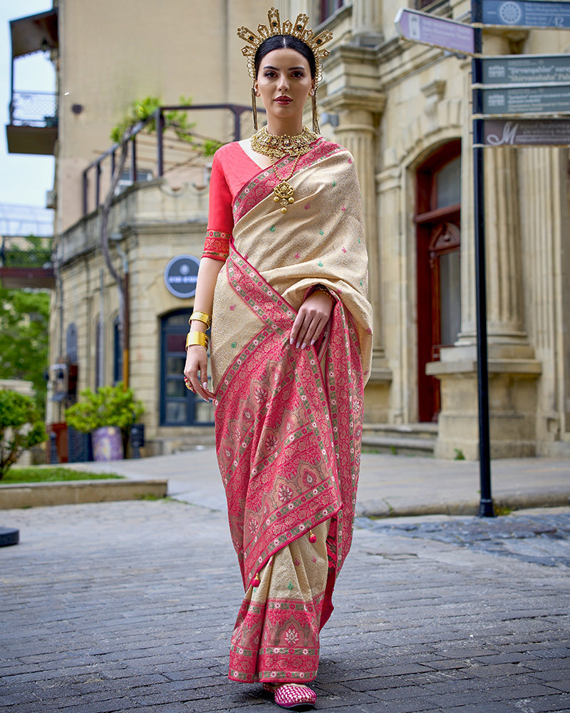 Beige Pure Silk Saree With Border Art with Unstitched Blouse